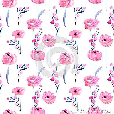 Watercolor pink poppies and floral branches seamless pattern Stock Photo