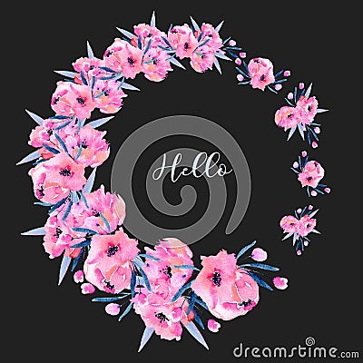 Watercolor pink poppies wreath, hand drawn isolated on a dark background Stock Photo