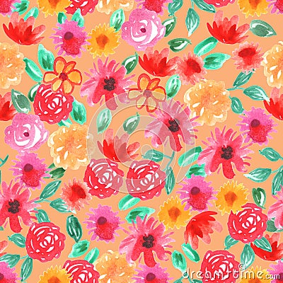 Watercolor pink red flowers roses peonies peony Seamless pattern on Orange background. simple ornament, fashion print and trend of Stock Photo