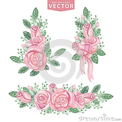 Watercolor pink roses compositions.Cute vintage Vector Illustration