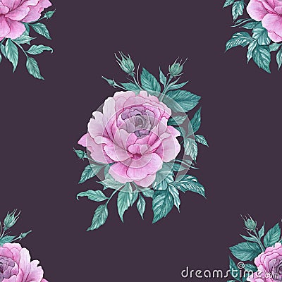 Watercolor beautiful pink roses on dark background pattern for furniture Stock Photo