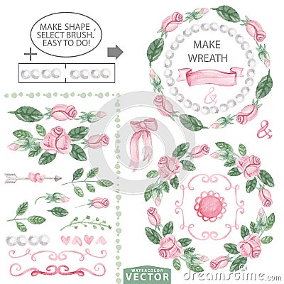 Watercolor pink roses decor brushes and wreath template Vector Illustration