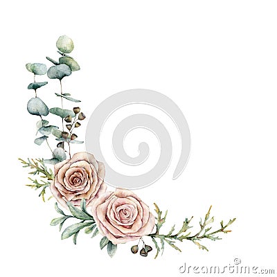 Watercolor pink roses and eucalyptus wreath. Hand painted floral vintage flowers, seeds, juniper and lambs ears isolated Cartoon Illustration