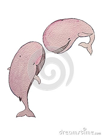 Watercolor pink whales in love isolated elements on white background Cartoon Illustration