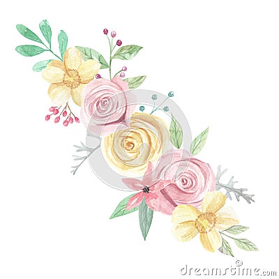 Watercolor Pink Yellow Roses Berries Flowers Spring Summer Wedding Floral Bouquet Stock Photo