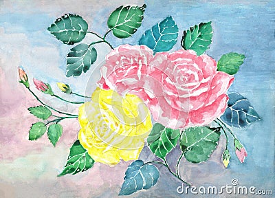 Watercolor pink and yellow roses bouquet art.Hand painted rose flowers and green leaves.Illustration Stock Photo