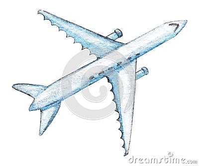 Watercolor plane illustration isolated on white background. White airplane painting vacation business trip travelling Cartoon Illustration