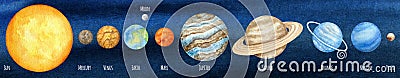Watercolor planets of the solar system. Outer Space planet Mercury Venus Earth Mars Jupiter Saturn Uranus Neptune Pluto Stock Photo