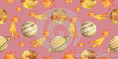 Watercolor planets, stars and yellow comets, seamless pattern, banner on a light pink background Stock Photo