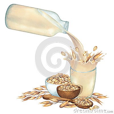 Watercolor plant based milk pouring from the glass bottle into the cup with a splash of oats Cartoon Illustration