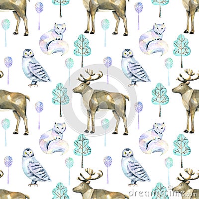 Watercolor polar deers, arctic foxes and owls in the forest seamless pattern Stock Photo