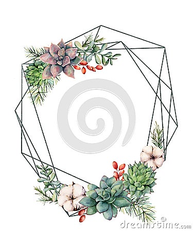 Watercolor polygonal frame with succulents and eucalyptus. Hand drawn modern floral label with eucalyptus leaves and Stock Photo