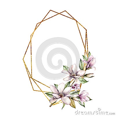 Watercolor polygonal golden frame with magnolia and leaves. Hand painted spring flowers isolated on white background Cartoon Illustration