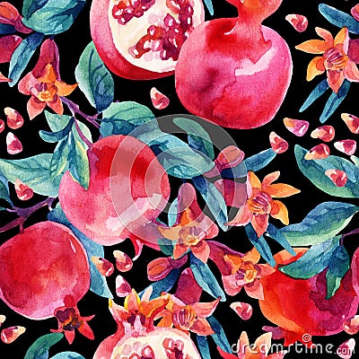 Watercolor pomegranate bloom branches and fruit seamless pattern Cartoon Illustration