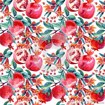 Watercolor pomegranate bloom branches and fruit seamless pattern Cartoon Illustration