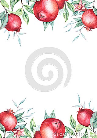 Watercolor pomegranate (garnet) wreath. Stock Photo