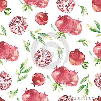 Watercolor pomegranate seamless pattern. Beautiful Botanical texture leaves and branches with fruit. Bright summer wallpaper desig Stock Photo