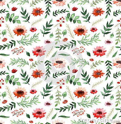 Watercolor Poppies, Little Red Flowers And Leaves Repeat Pattern Stock Photo