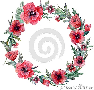 Red poppies wreath, flowers frame. Hand-drawn Watercolor illustration Cartoon Illustration