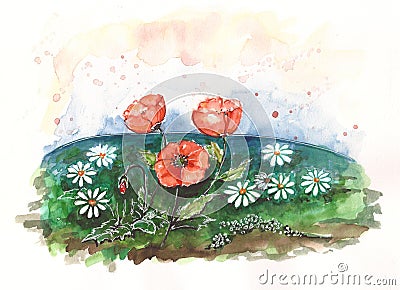 WATERCOLOR POPPY FIELD Stock Photo