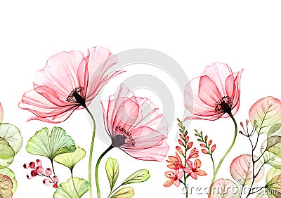 Watercolor Poppy seamless border. Horizontal repetitive pattern. Abstract pink flowers with leaves and fresia branches Cartoon Illustration