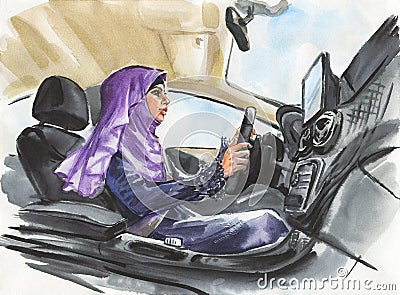 Arabian woman in the car Cartoon Illustration