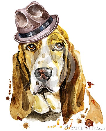 Watercolor portrait of basset hound in a brown hat Stock Photo