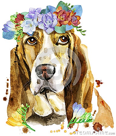 Watercolor portrait of basset hound with wreath of flowers Stock Photo