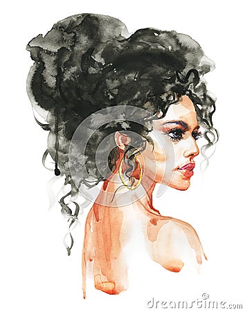 Watercolor portrait of beautiful woman Cartoon Illustration