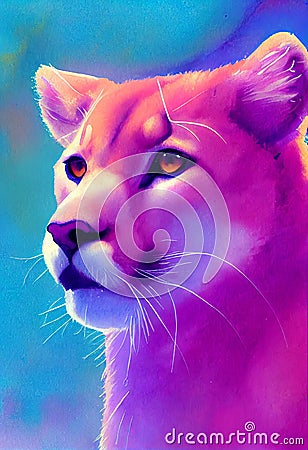 Watercolor portrait of cute cougar land animal. Cartoon Illustration