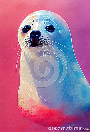 Watercolor portrait of cute harbor seal water animal. Cartoon Illustration