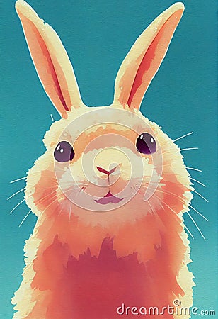 Watercolor portrait of cute harlequin rabbit land animal. Cartoon Illustration
