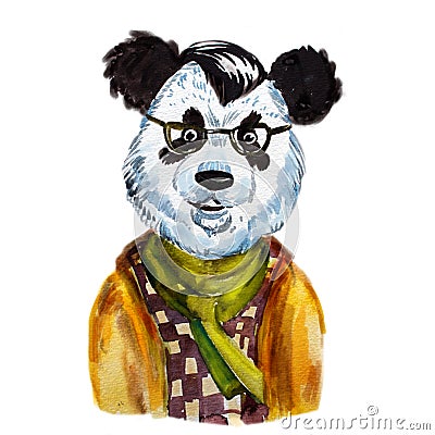 Watercolor portrait cute hipster panda Stock Photo