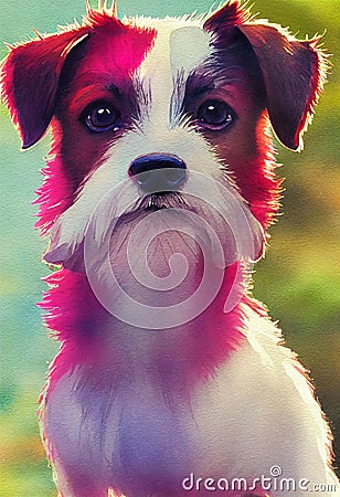 Watercolor portrait of cute Parson Russell Terrier dog. Cartoon Illustration