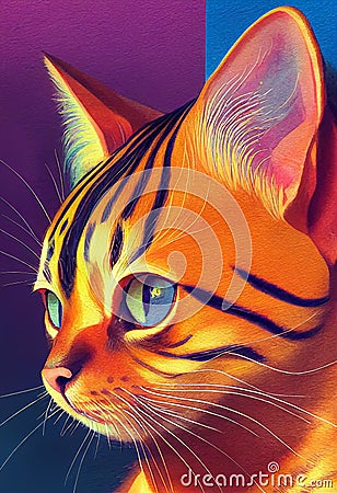 Watercolor portrait of cute Toyger cat. Cartoon Illustration