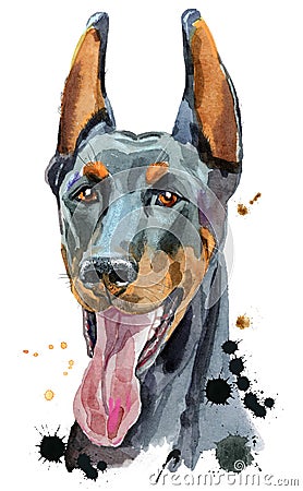 Watercolor portrait doberman Cartoon Illustration