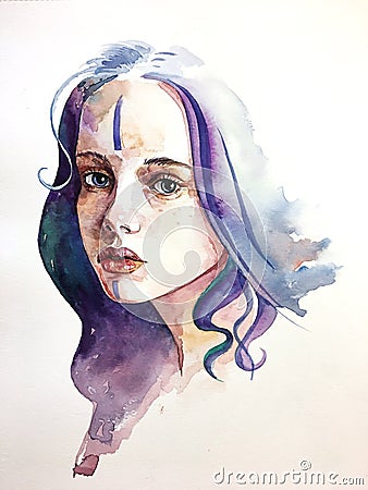 Watercolor portrait girl with violet hair Stock Photo