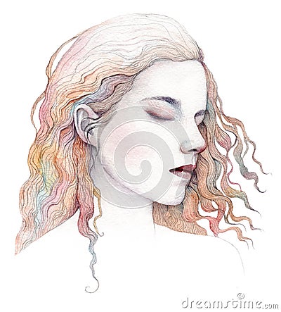 Watercolor portrait of a sleeping girl. Stock Photo