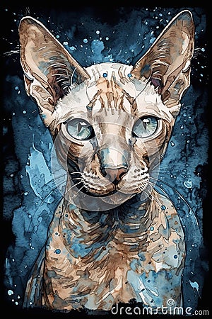 Watercolor portrait of sphinx cat on blue background, created with Generative AI technology. Stock Photo