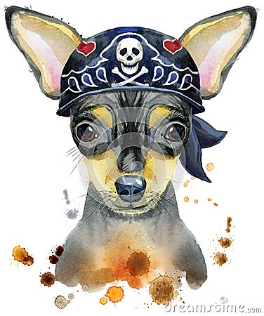 Watercolor portrait of toy terrier wearing biker bandana Cartoon Illustration