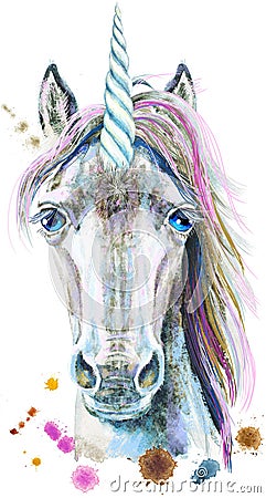 Watercolor portrait of a white unicorn with a pink mane Cartoon Illustration