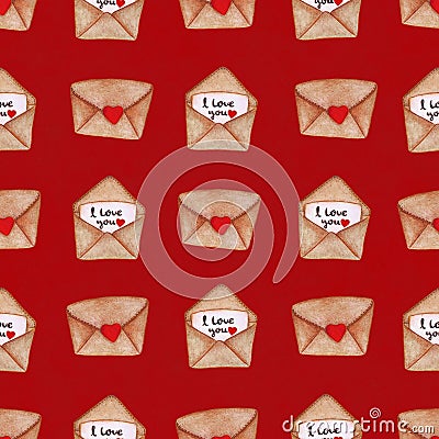 Watercolor postal envelopes on red background. Seamless pattern. Valentine`s day background Stock Photo