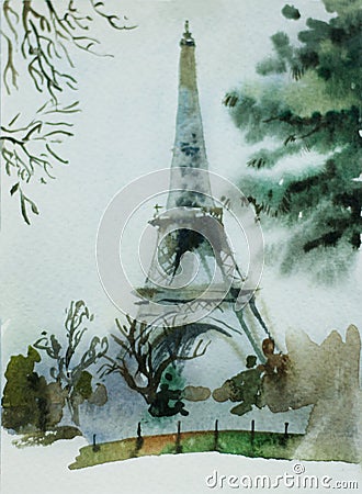 Watercolor postcard with Eiffel Tower in Paris, France, view fro Stock Photo