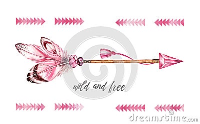 Watercolor poster with pink arrow. Banner with boho vibrant feathers, gemstones and lettering. Hand painted illustration Cartoon Illustration