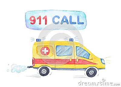 Watercolor Poster with racing yellow ambulance, cartoon style. Isolated illustration. 911 call. Cartoon Illustration