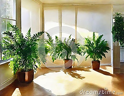 Watercolor of potted ferns placed around the floor of a sunlit sunroom Stock Photo