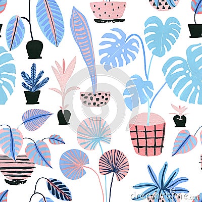 Watercolor potted houseplants background in scandinavian geometric style Cartoon Illustration