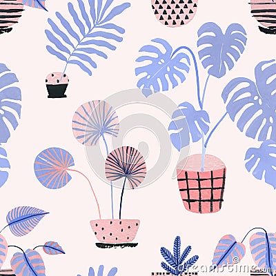 Watercolor potted houseplants background in scandinavian geometric style Cartoon Illustration