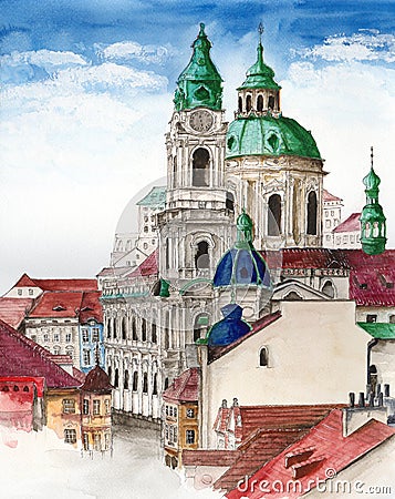 Watercolor Prague with beautiful buildings and cathedrals Stock Photo