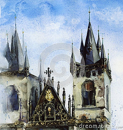 Watercolor Prague Tyn gothic temple painting. Stock Photo